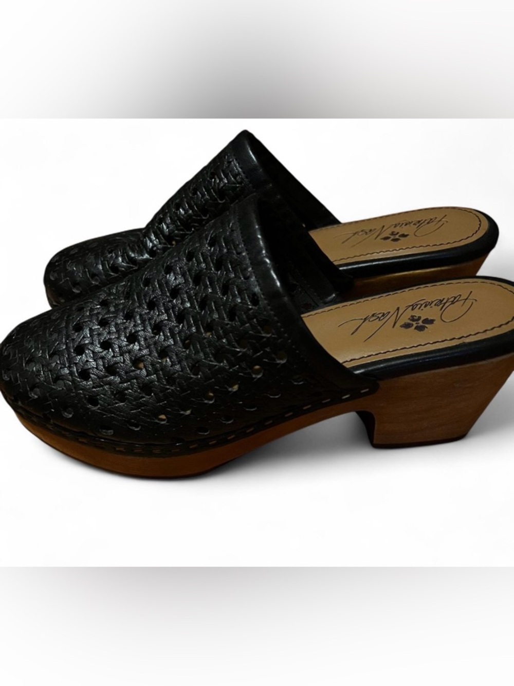 Patricia Nash black leather clogs with wooden heels, size 8